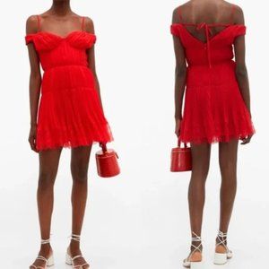 Self-Portrait Red Dress, off the shoulder pleated chiffon